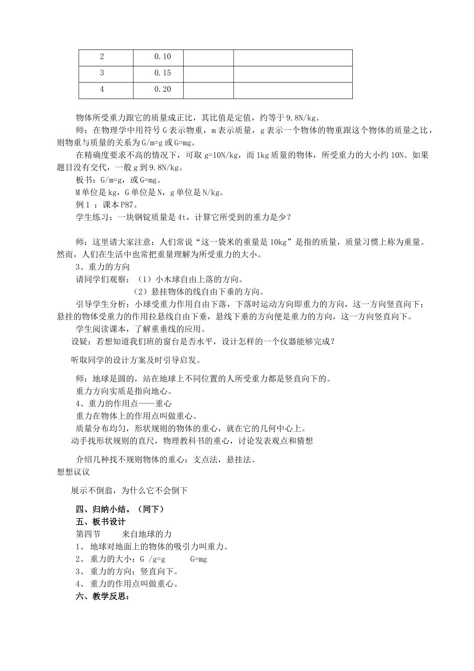福建省泉州市泉港三川中学八年级物理全册 第六章 第四节 来自地球的力教案 沪科版_第2页