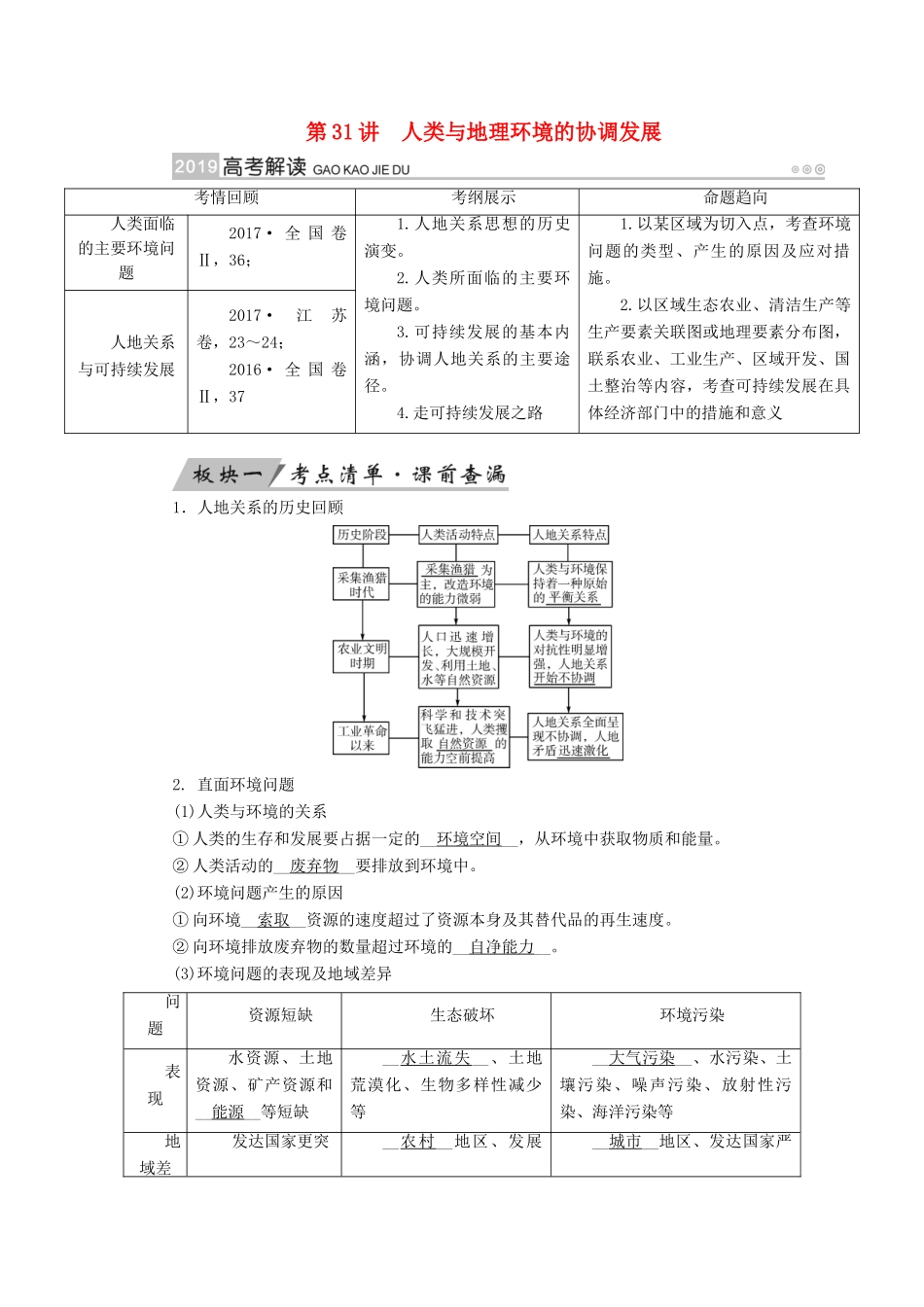 （全国通用版）高考地理大一轮复习 第十二章 人类与地理环境的协调发展 第31讲 人类与地理环境的协调发展优选学案-人教版高三全册地理学案_第1页