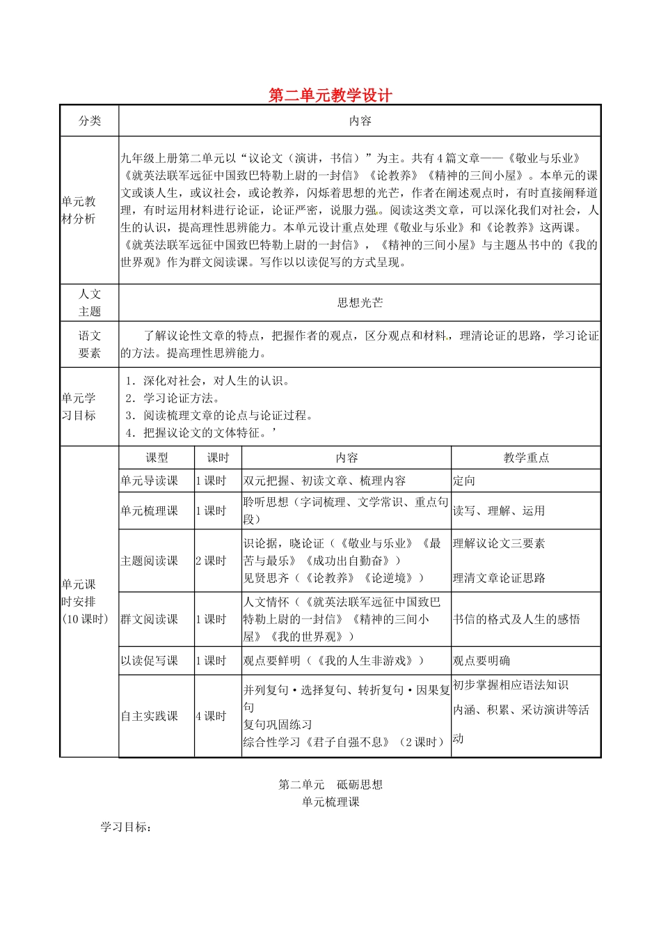 辽宁省法库县九年级语文上册 第二单元教学设计 新人教版-新人教版初中九年级上册语文教案_第1页