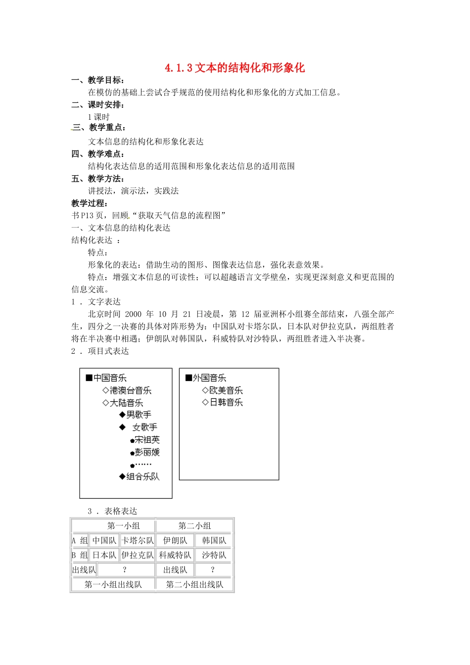 高中信息技术 4.1.3文本的结构化和形象化教案 教科版必修1-教科版高一必修1信息技术教案_第1页