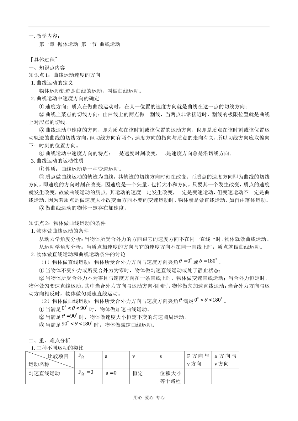 高一物理第一章  抛体运动  第一节  曲线运动 教案_第1页