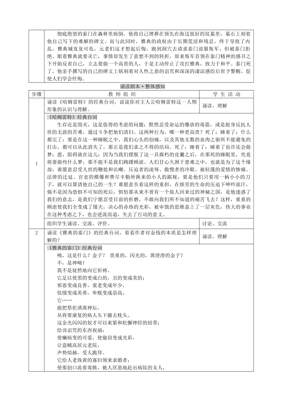 九年级语文下册《诵读欣赏：哈姆雷特 雅典的泰门》教学设计 苏教版_第3页