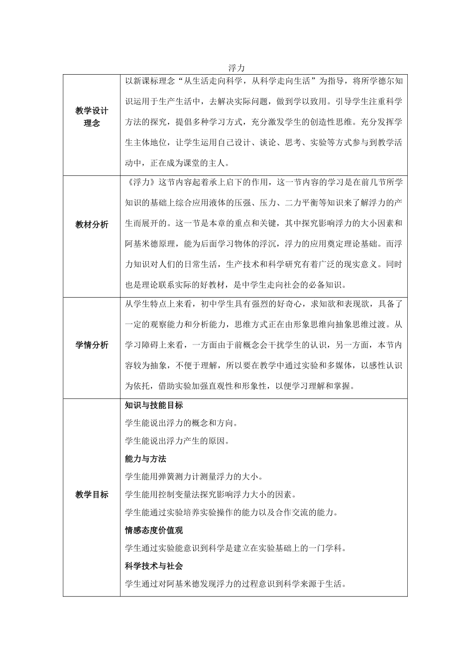 秋八年级科学上册 1.3《水的浮力》教案 浙教版-浙教版初中八年级上册自然科学教案_第1页