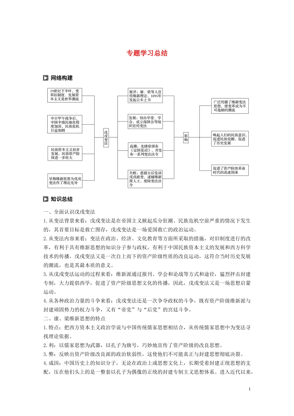 高中历史 专题九 戊戌变法专题学习总结讲义 人民版选修1-人民版高二选修1历史教案_第1页