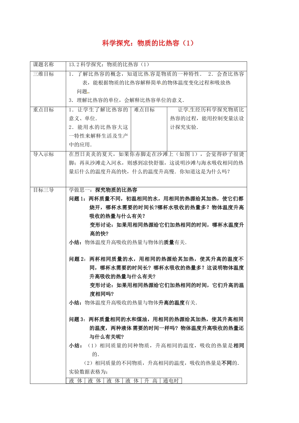 重庆市九年级物理全册 13.2 科学探究 物质的比热容教案1 （新版）沪科版-（新版）沪科版初中九年级全册物理教案_第1页