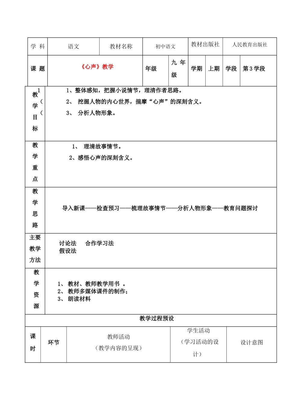 九年级语文上册 《心声》教学设计 人教新课标版_第1页
