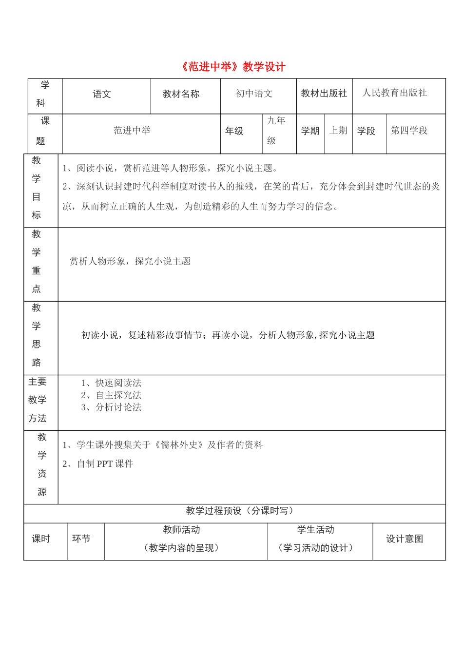 九年级语文上册 《范进中举》教学设计 人教新课标版_第1页