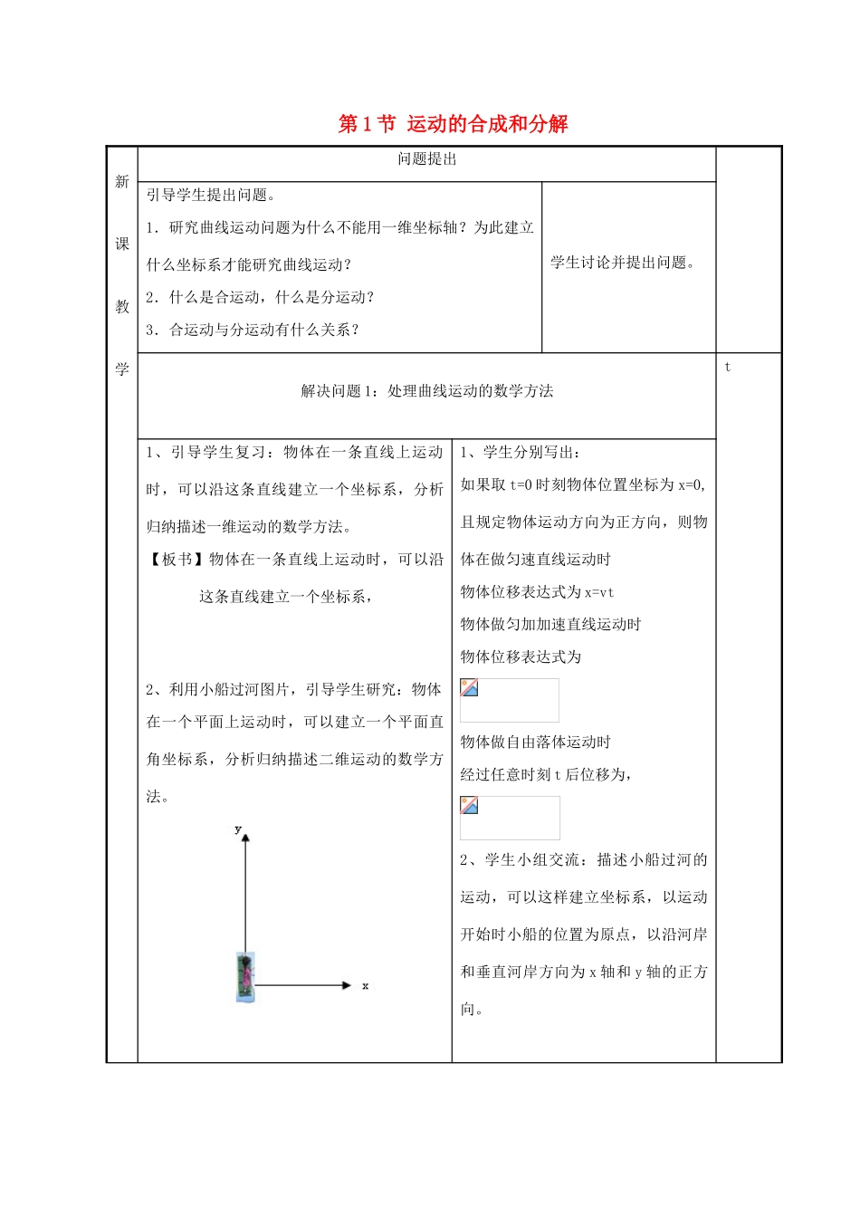 高中物理 第3章 抛体运动 第1节 运动的合成与分解教学设计1 鲁科版必修2-鲁科版高一必修2物理教案_第1页