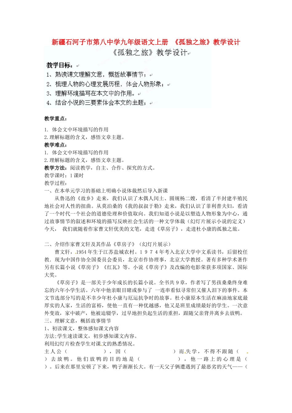 新疆石河子市第八中学九年级语文上册 《孤独之旅》教学设计_第1页