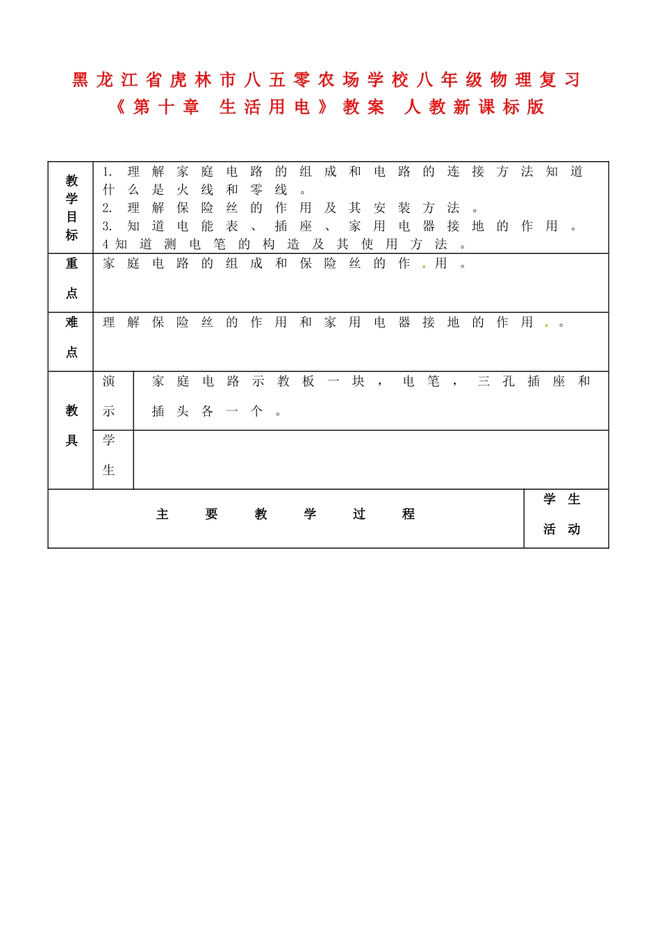 黑龙江省虎林市八五零农场学校八年级物理复习《第十章 生活用电》教案 人教新课标版_第1页