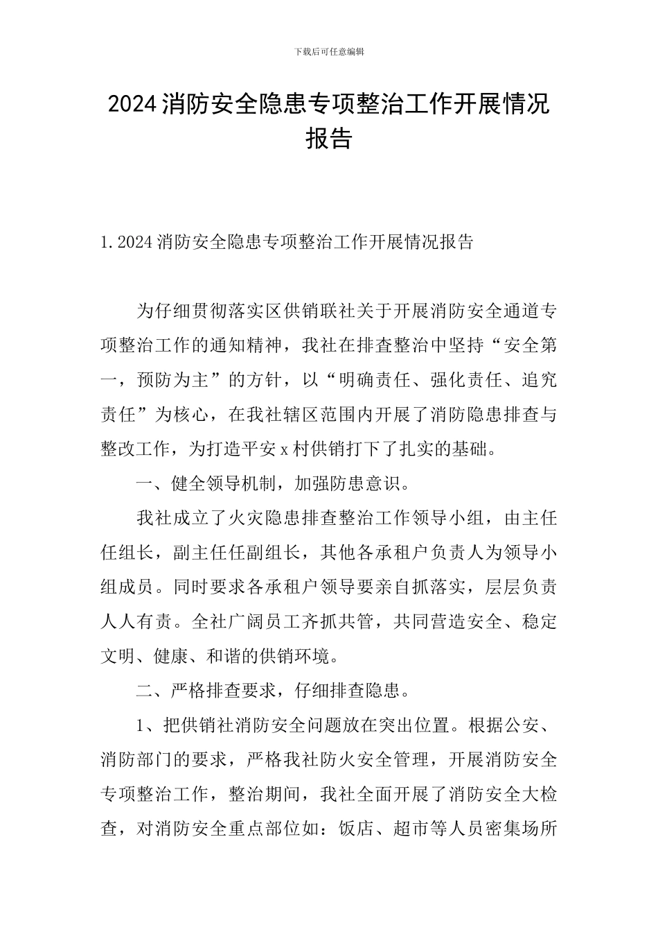 2024消防安全隐患专项整治工作开展情况报告_第1页