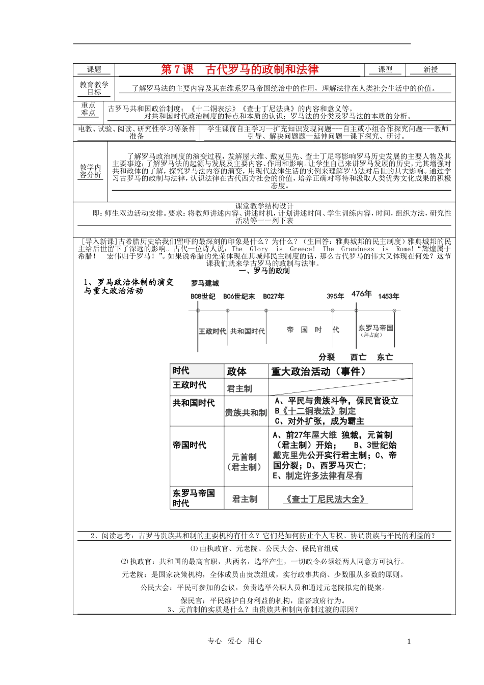 高中历史 《古罗马的政制与法律》教案3 岳麓版必修1_第1页