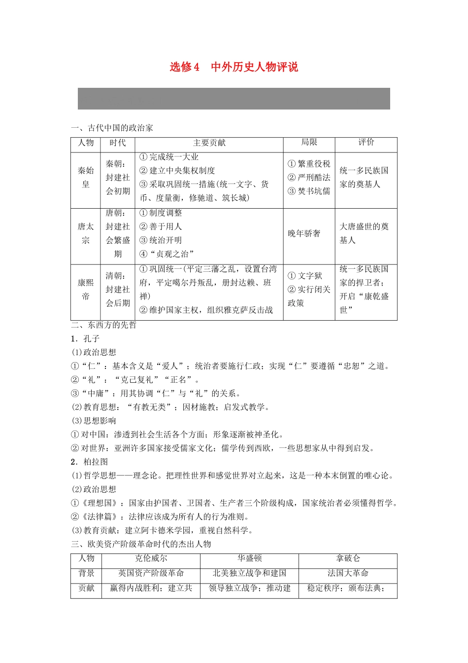 度高考历史一轮复习 选考4 中外历史人物评说学案 岳麓版-岳麓版高三全册历史学案_第1页