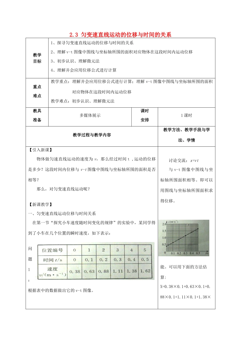 高中物理 第二章 匀变速直线运动的研究 2.3 匀变速直线运动的位移与时间的关系第一课时教案 新人教版必修1-新人教版高一必修1物理教案_第1页