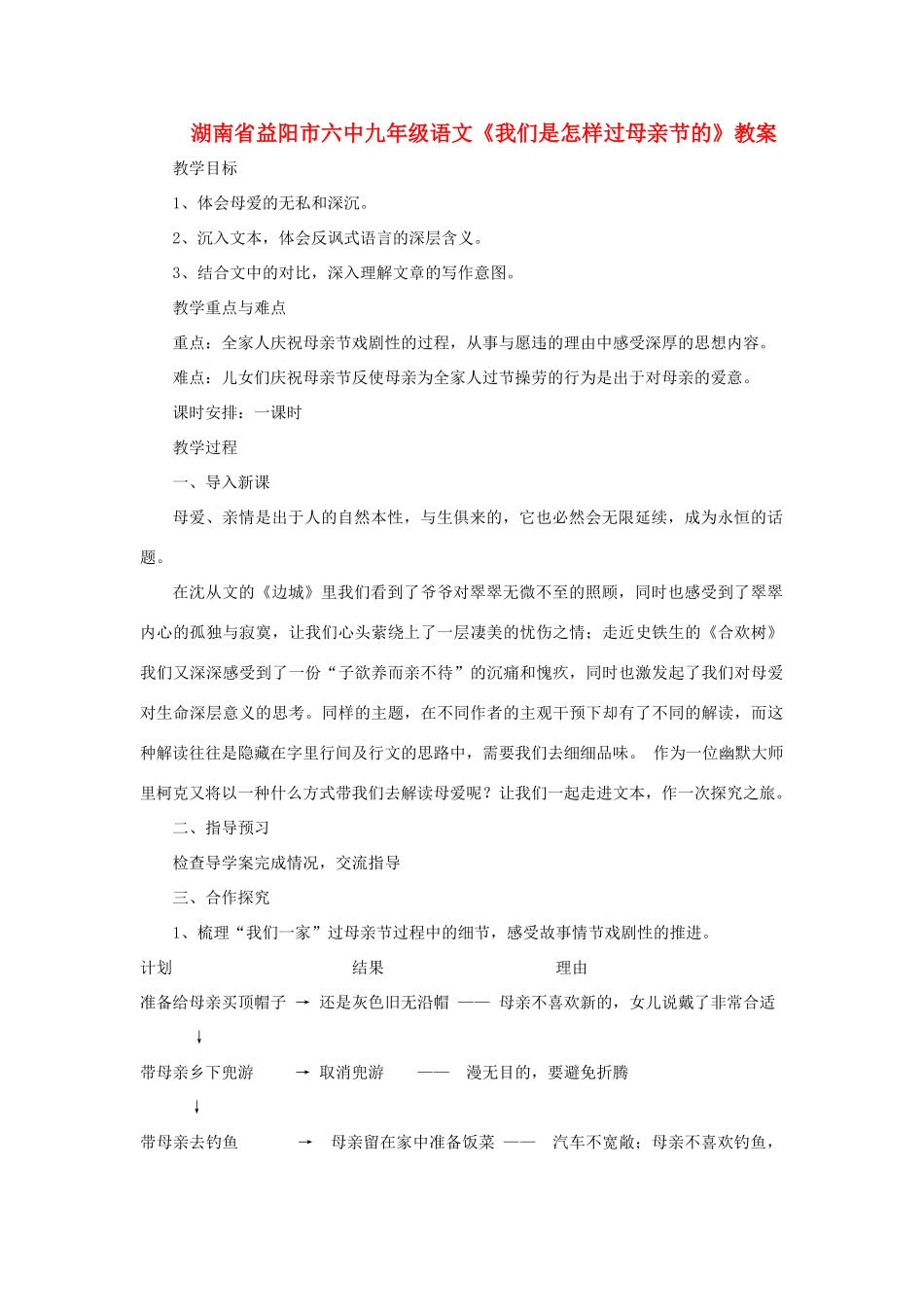 湖南省益阳市六中九年级语文《我们是怎样过母亲节的》教案_第1页