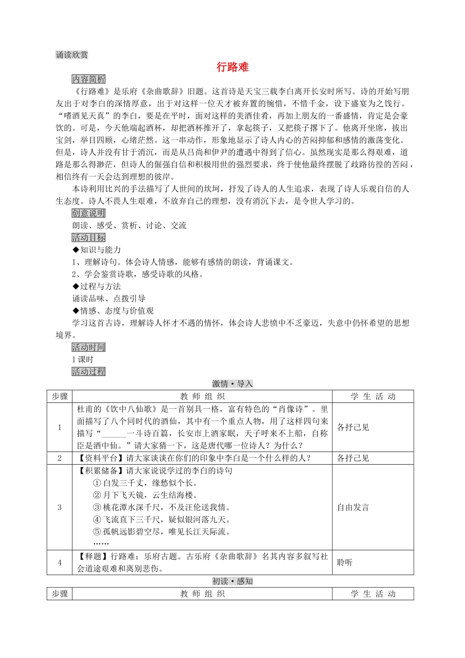 九年级语文下册《行路难》教学设计1 苏教版_第1页