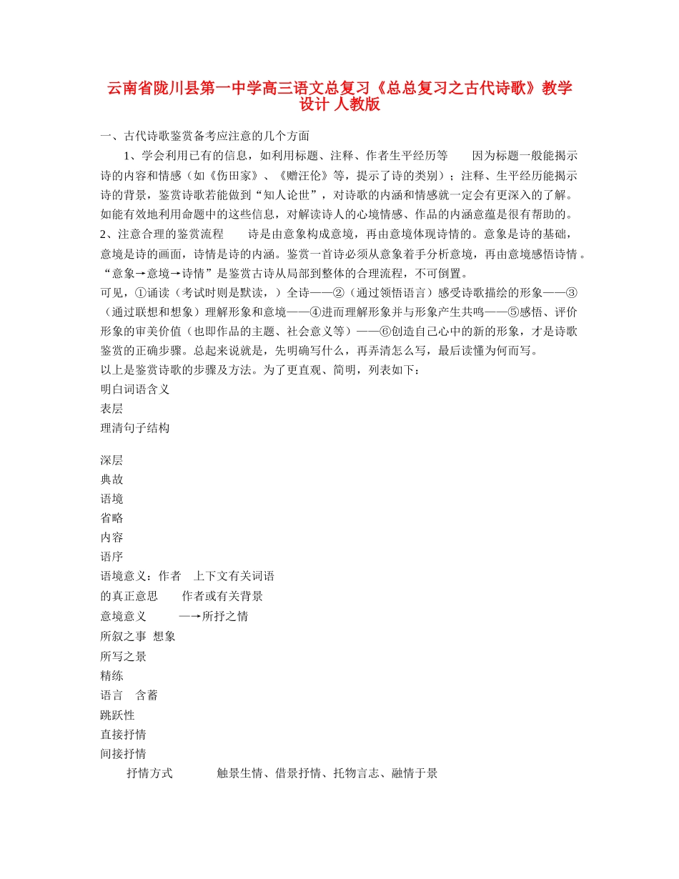 云南省陇川县第一中学高三语文总复习《总总复习之古代诗歌》教学设计 人教版_第1页