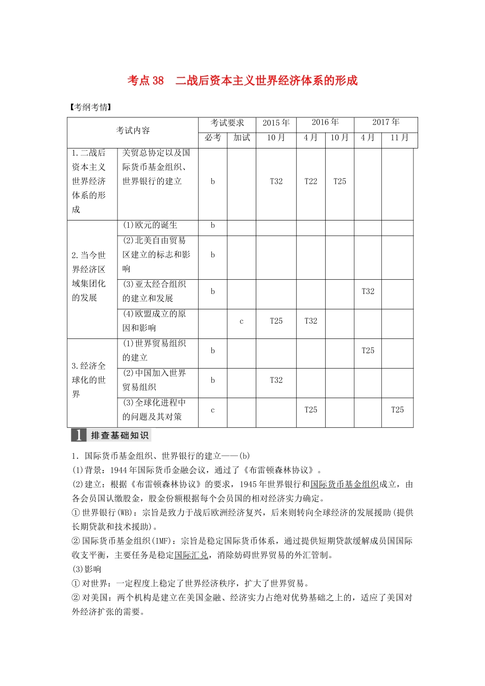 （浙江选考）高考历史一轮总复习 专题十五 当今世界经济的全球化趋势 考点38 二战后资本主义世界经济体系的形成学案-人教版高三全册历史学案_第1页