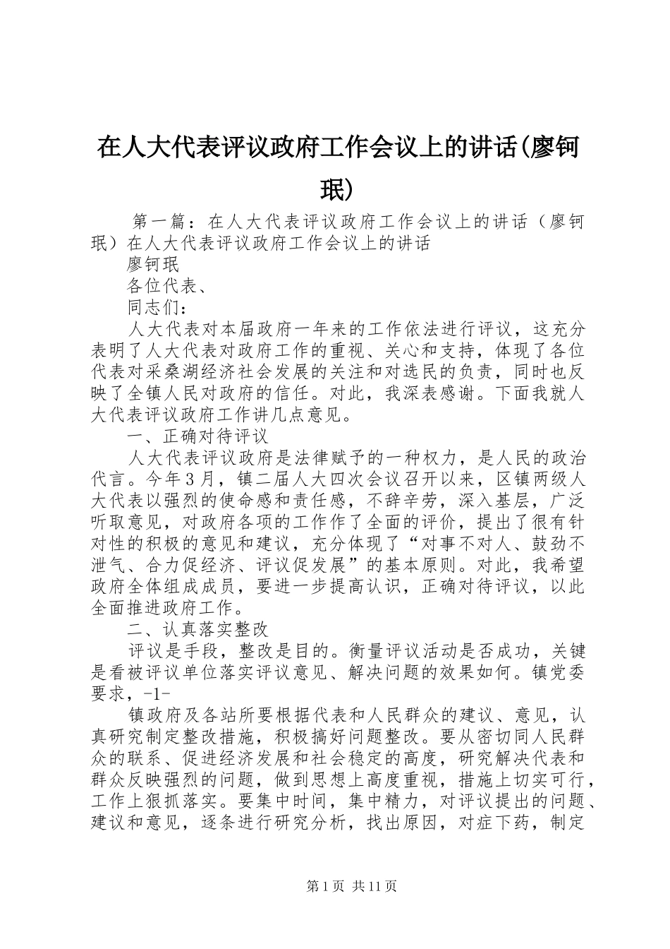 在人大代表评议政府工作会议上的讲话发言(廖钶珉)_第1页
