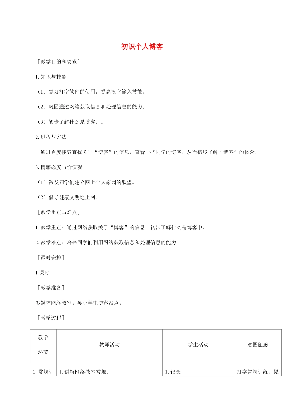 小学信息技术第二册下册 初识个人博客教案 苏科版_第1页