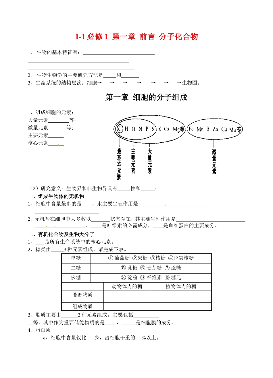 高中生物： 第一章 前言 分子化合物 学案浙科版必修1_第1页