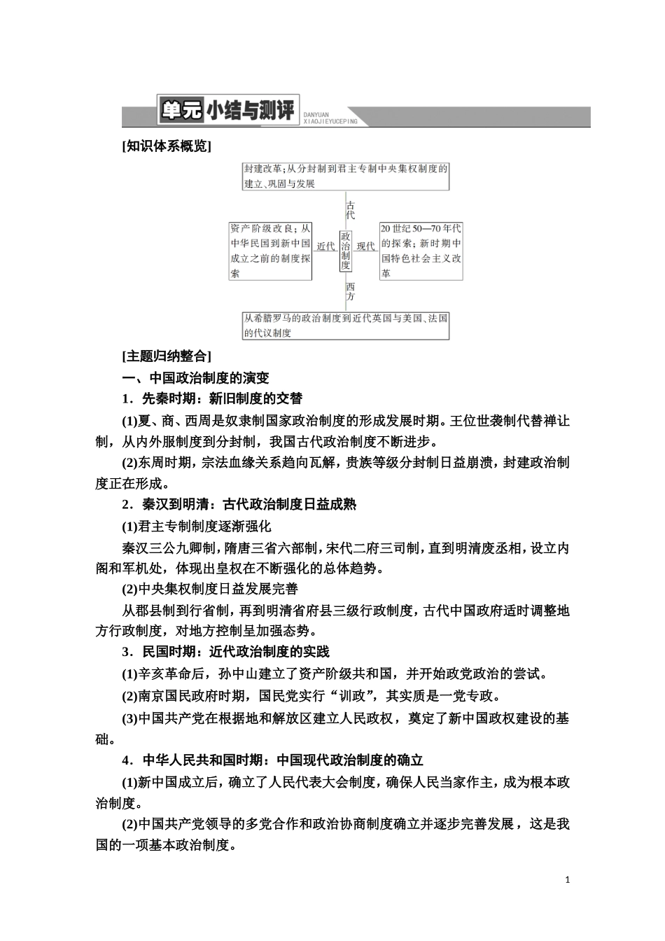 高中历史 第1单元 政治制度单元小结与测评教案 新人教版选择性必修第一册-新人教版高二第一册历史教案_第1页