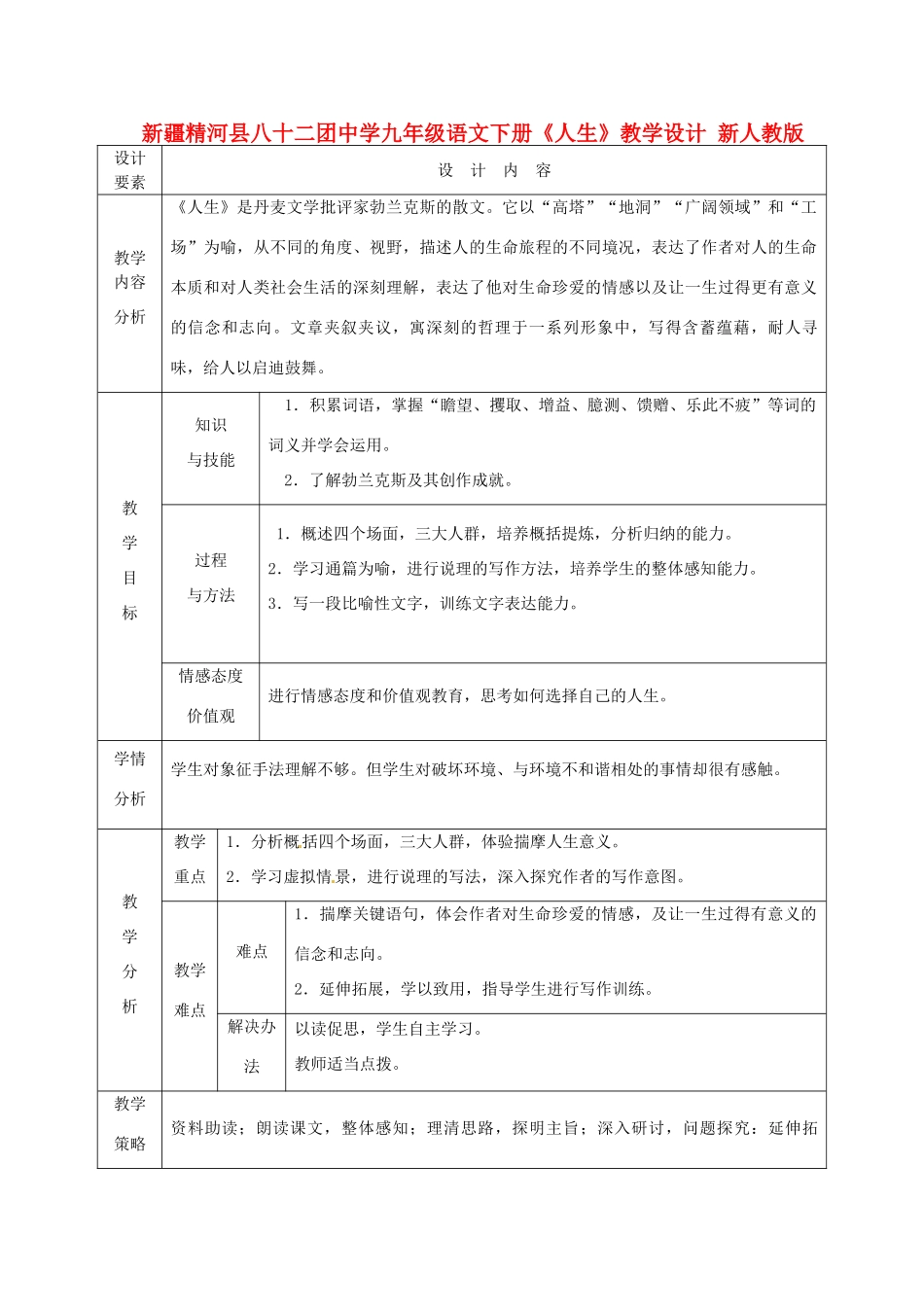 新疆精河县八十二团中学九年级语文下册《人生》教学设计 新人教版_第1页