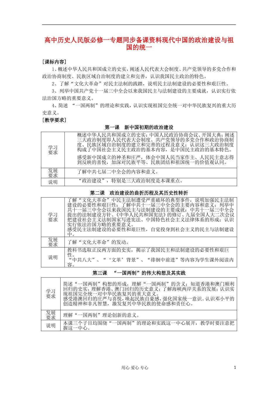 高中历史 专题同步备课资料现代中国的政治建设与祖国的统一 人民版必修1_第1页