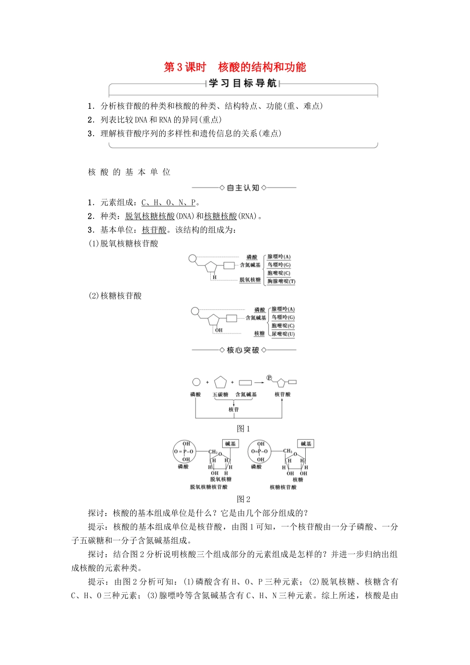 高中生物 第2章 细胞份化学组成 第2节 细胞中的生物大分子（第3课时）核酸的结构和功能学案 苏教版必修1-苏教版高一必修1生物学案_第1页