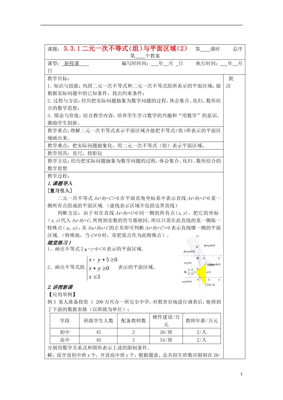 江苏省睢宁县李集中学高中数学第三章3.1二元一次不等式（组）与平面区域（2）教案 新人教版必修5_第1页