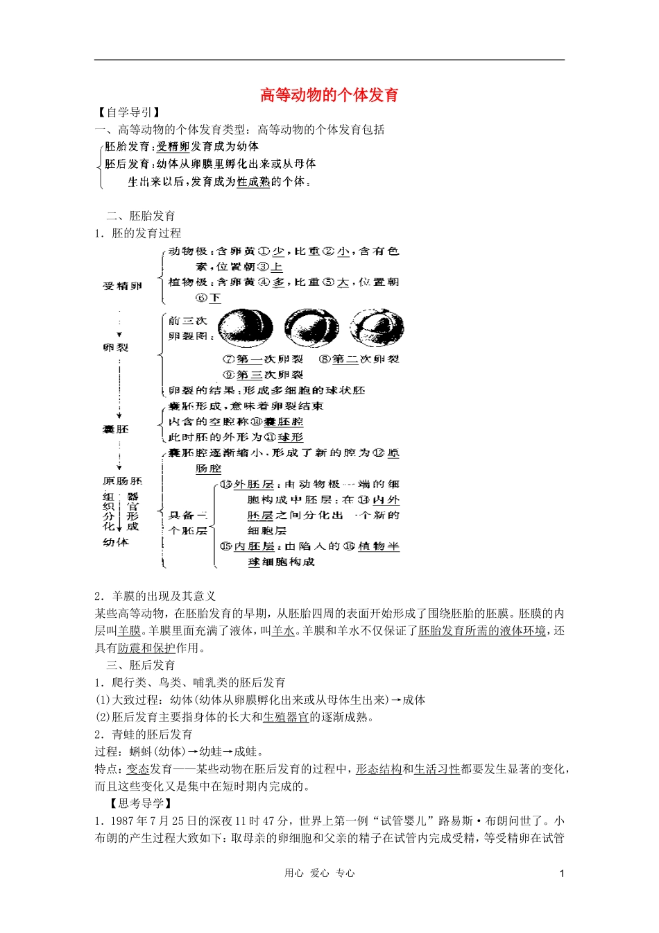 高中生物 第5章 高等动物的个体发育全套导学案 新人教版必修1_第1页