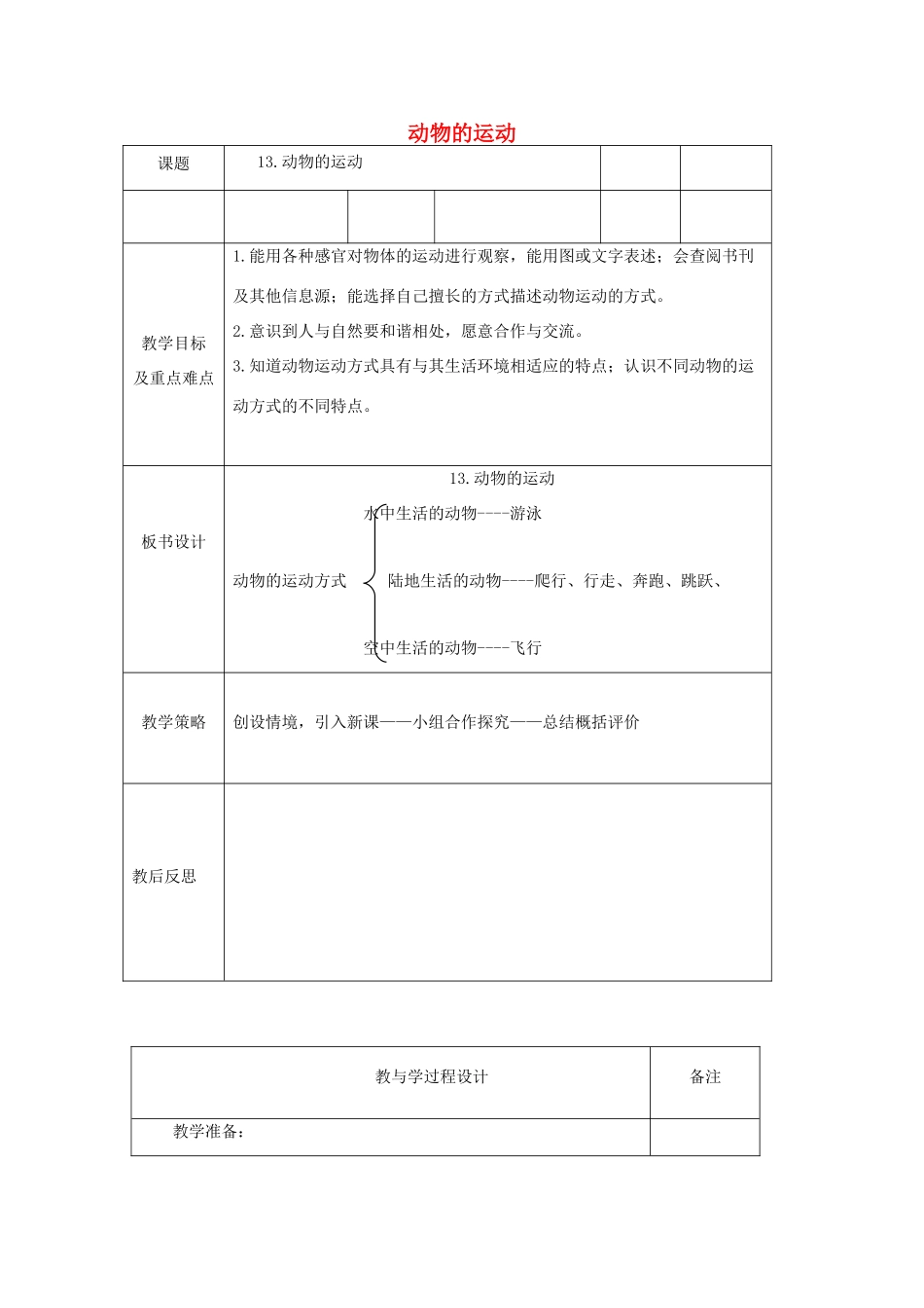 六年级科学上册 动物的运动表格式教案 青岛版-青岛版小学六年级上册自然科学教案_第1页