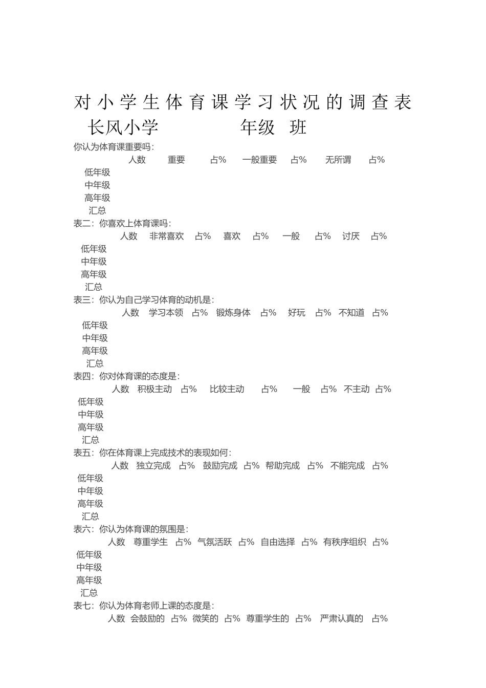 对小学生体育课学习状况的调查表_第1页