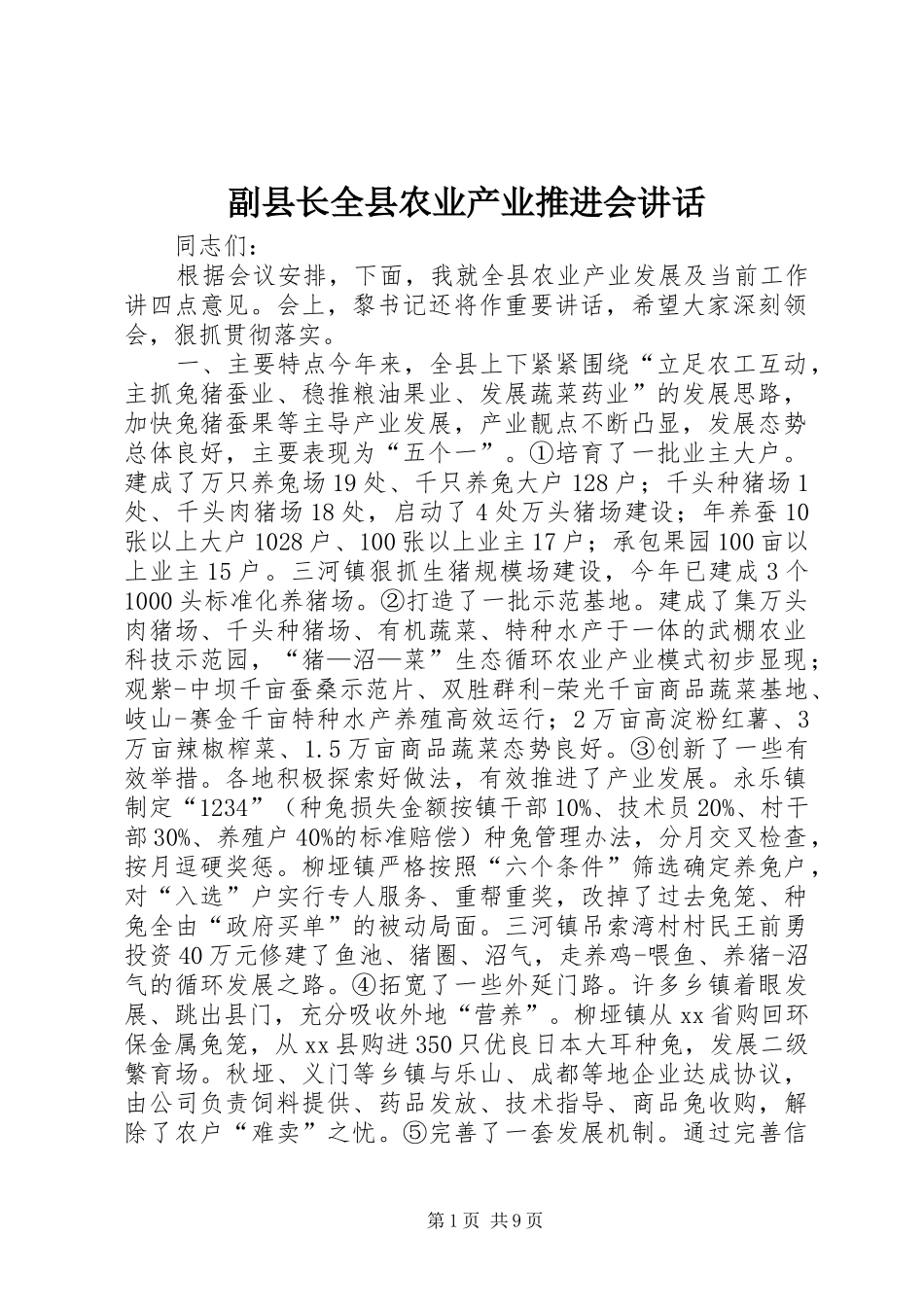 副县长全县农业产业推进会讲话发言_1_第1页
