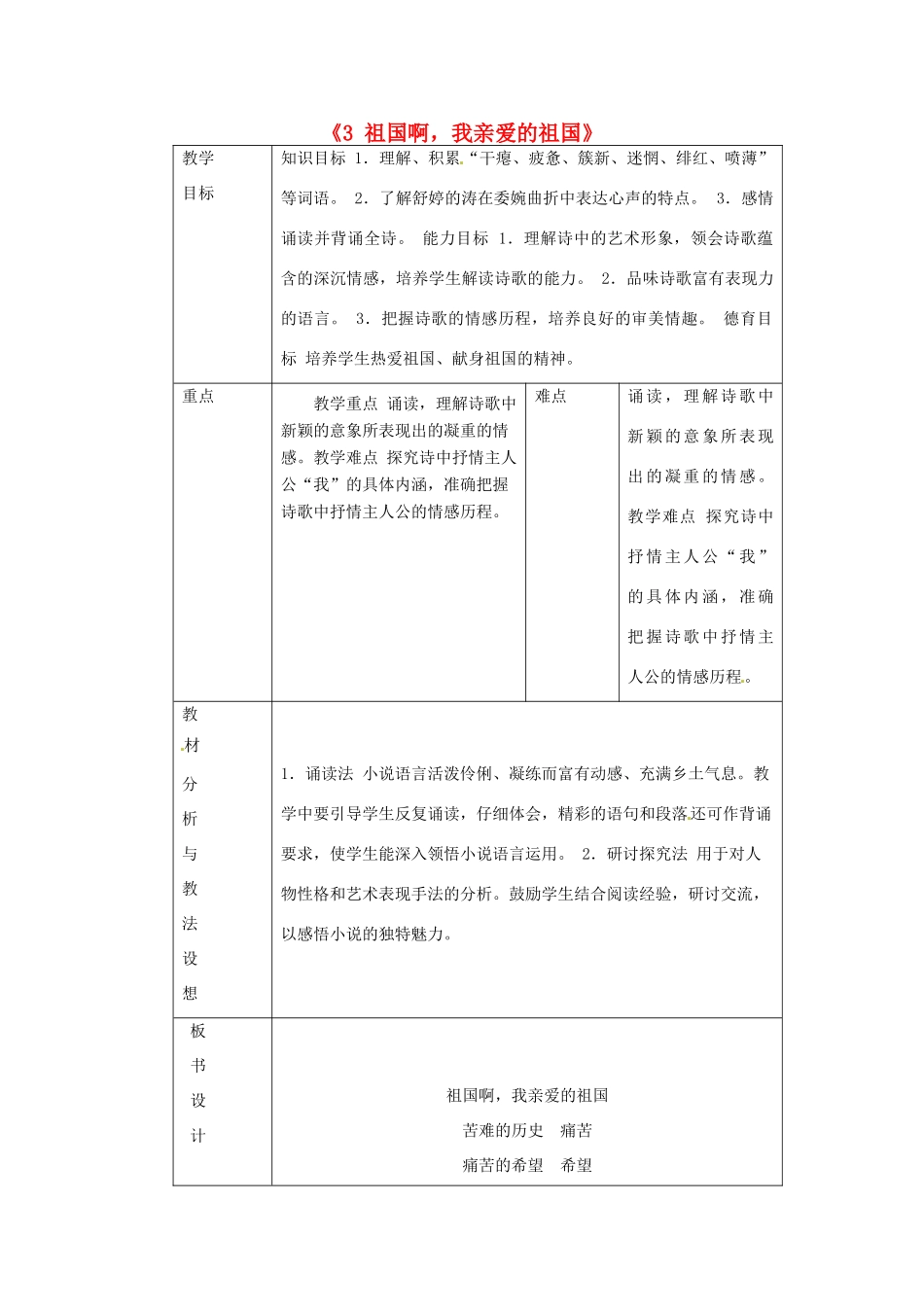 九年级语文下册《3 祖国啊，我亲爱的祖国》教学设计 新人教版-新人教版初中九年级下册语文教案_第1页