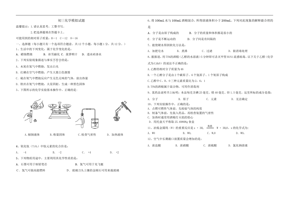 初三化学模拟试题_第1页