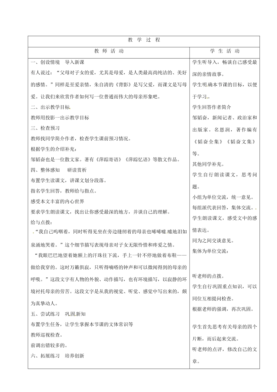 山东省烟台20中八年级语文下册 《我的母亲》教学设计_第2页