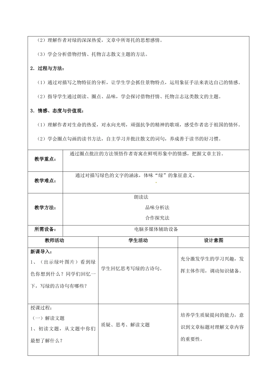 九年级语文上册 第23课《囚绿记》教案 苏教版_第3页