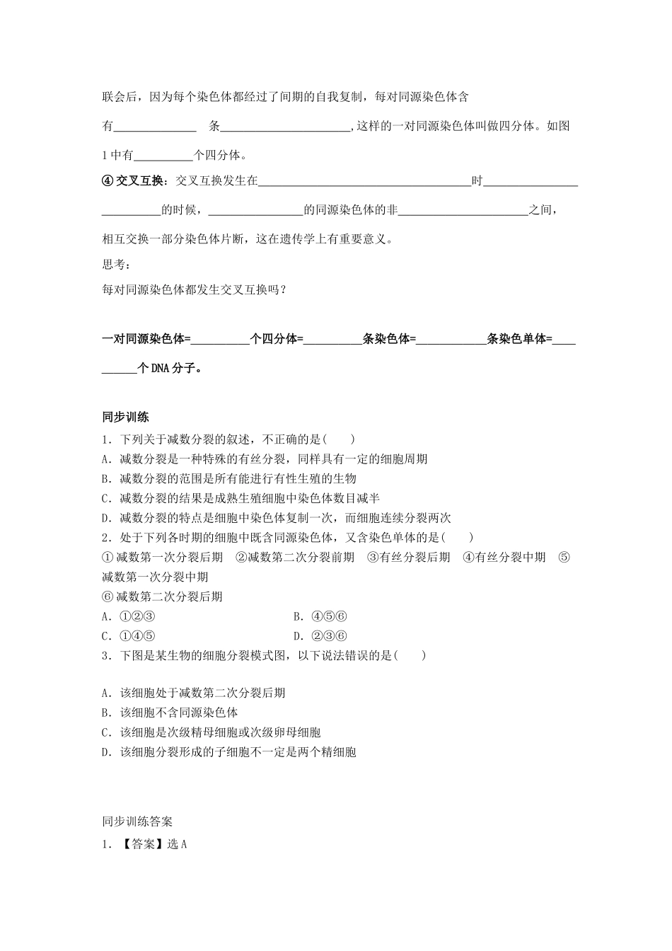 高中生物 第2章 基因和染色体的关系 第1节 减数分裂和受精作用（第1课时）学案 新人教版必修2-新人教版高一必修2生物学案_第3页