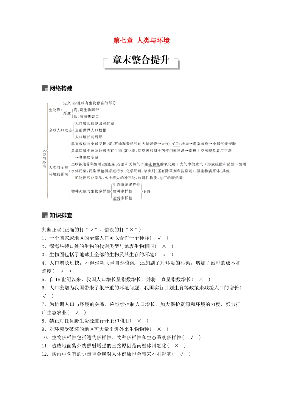 高中生物 第七章 人类与环境章末整合提升学案 浙科版必修3-浙科版高一必修3生物学案_第1页