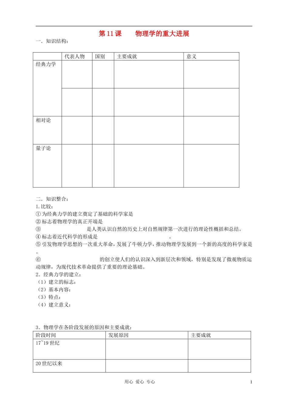 高中历史 第11课 物理学的重大进展教案（2） 新人教版必修3_第1页