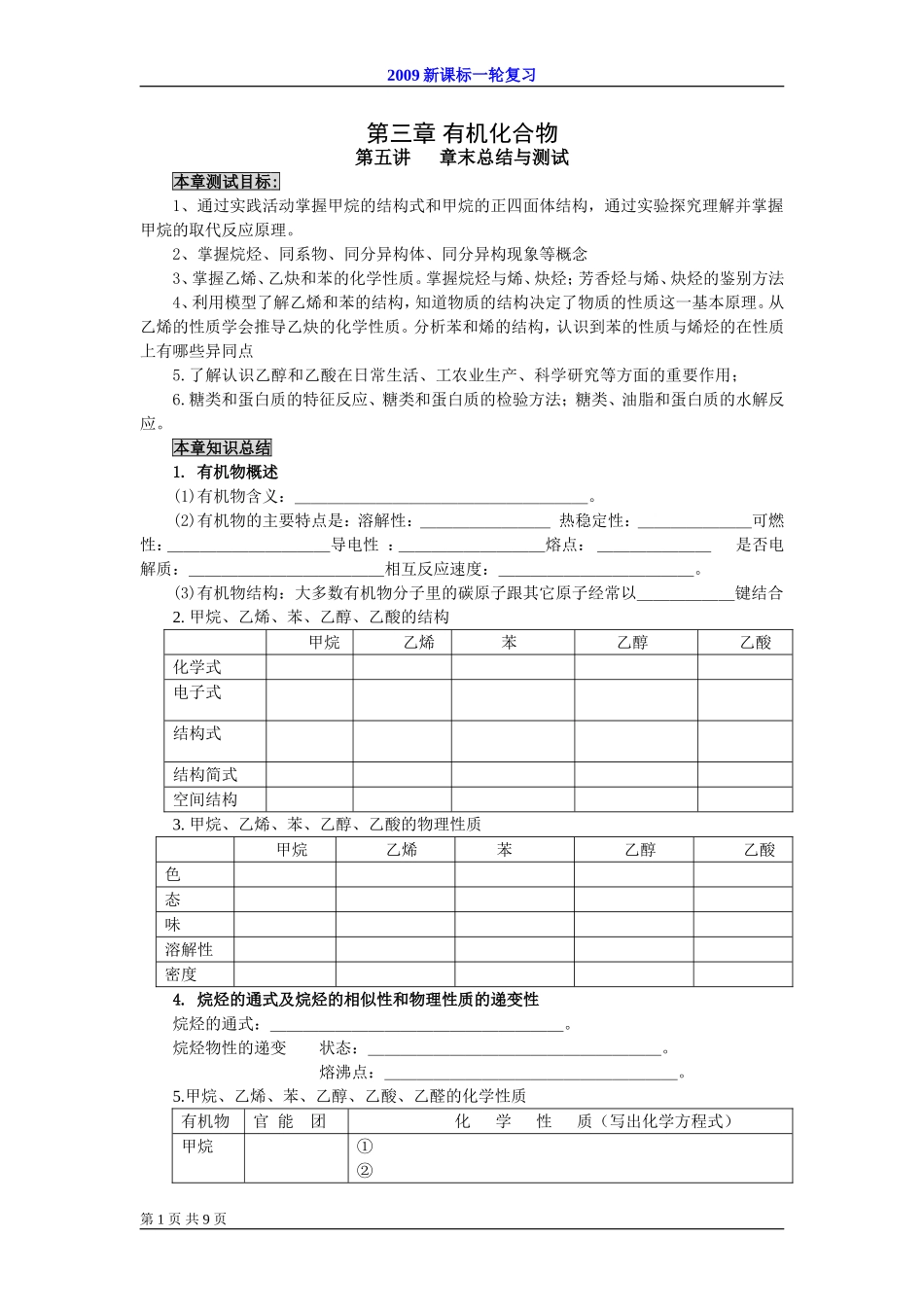 2009届高考一轮复习-必修2-有机化合物-第五讲 章末总结与测试_第1页