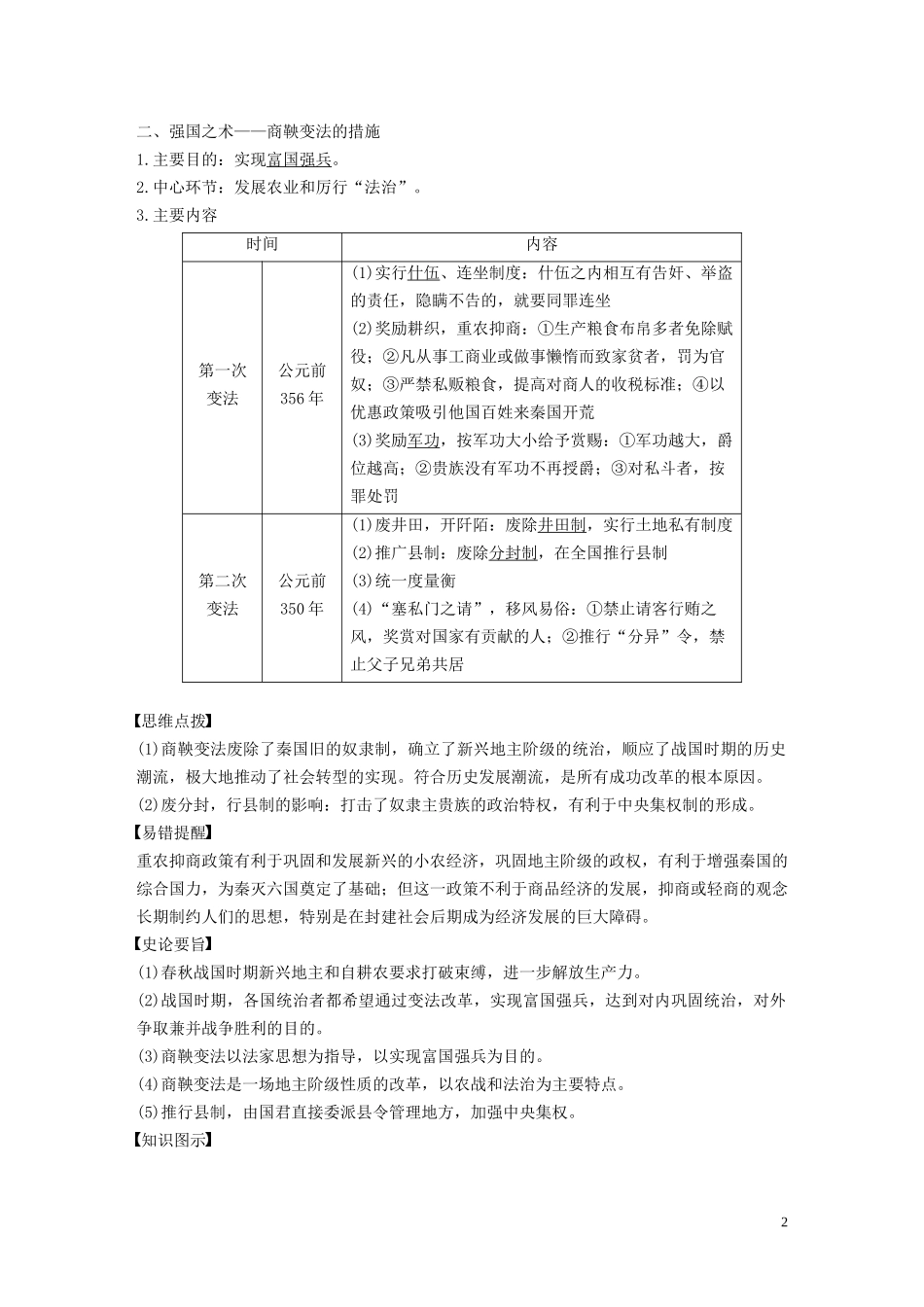 高中历史 专题二 商鞅变法 第1课 “治世不一道便国不必法古”讲义 人民版选修1-人民版高二选修1历史教案_第2页