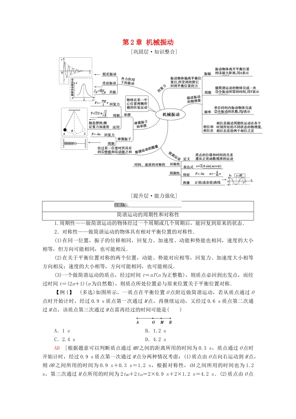 高中物理 第2章 机械振动 章末综合提升学案 鲁科版选择性必修第一册-鲁科版高中选择性必修第一册物理学案_第1页