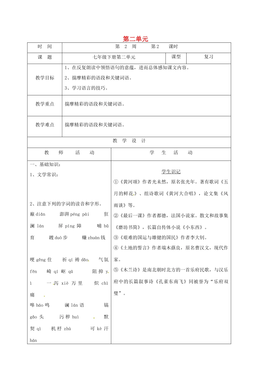 山东省郯城县中考语文 七下 第二单元复习教案-人教版初中九年级全册语文教案_第1页
