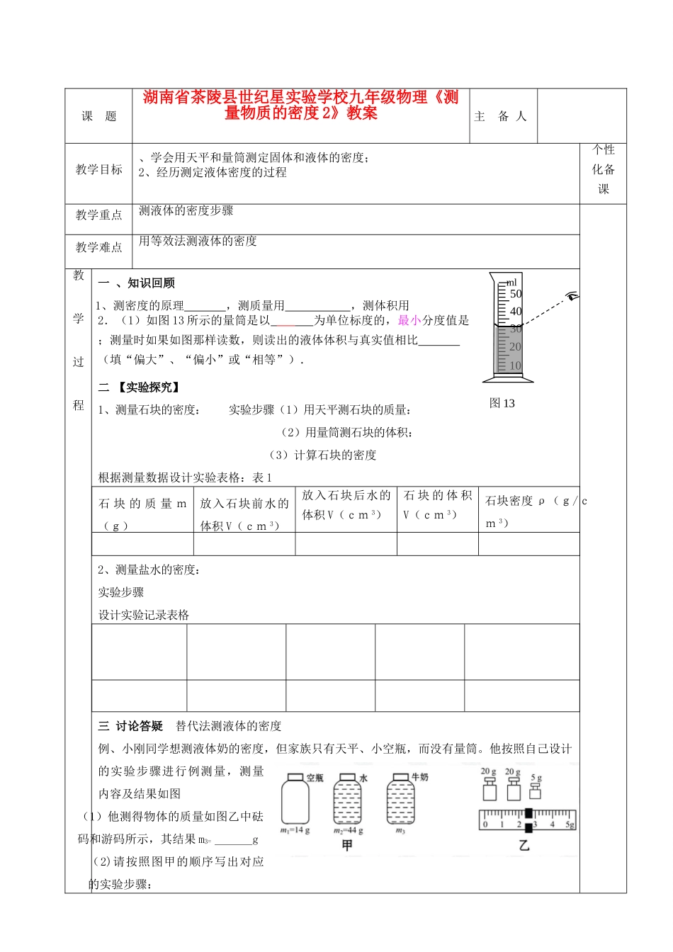 湖南省茶陵县世纪星实验学校九年级物理《测量物质的密度2》教案_第1页