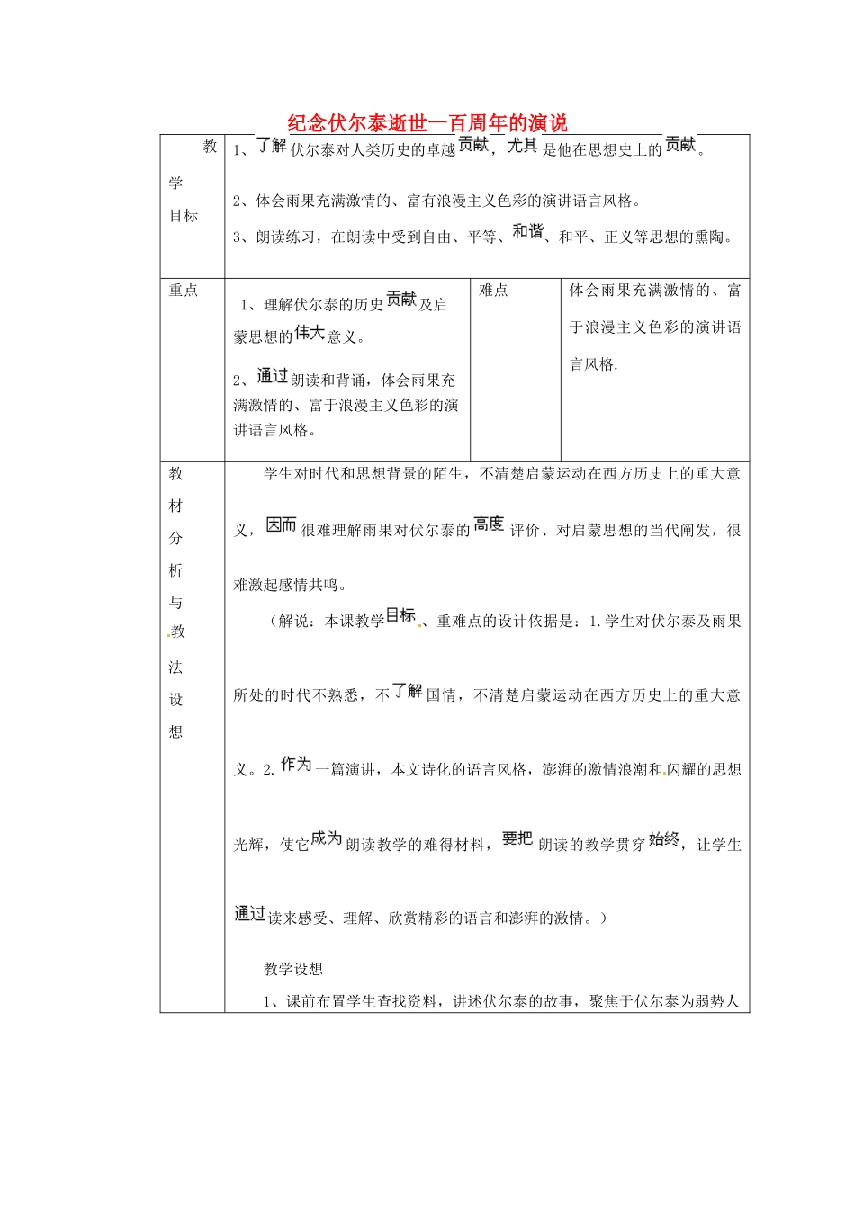 九年级语文上册《6 纪念伏尔泰逝世一百周年的演说》教学设计 新人教版-新人教版初中九年级上册语文教案_第1页