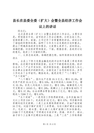 县长在县委全委（扩大）会暨全县经济工作会议上的讲话发言