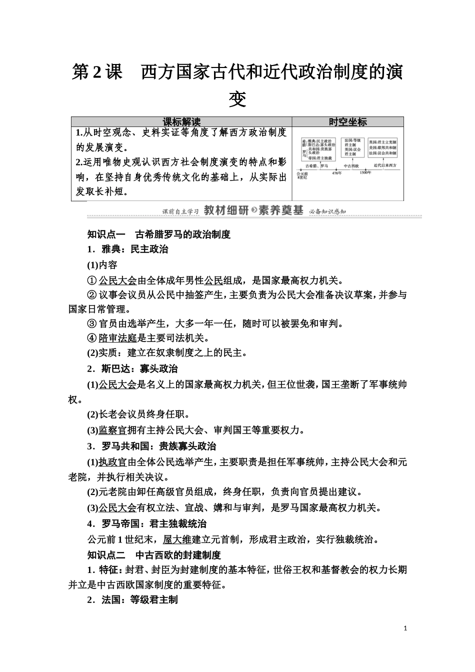 高中历史 第1单元 政治制度 第2课 西方国家古代和近代政治制度的演变教案 新人教版选择性必修第一册-新人教版高二第一册历史教案_第1页