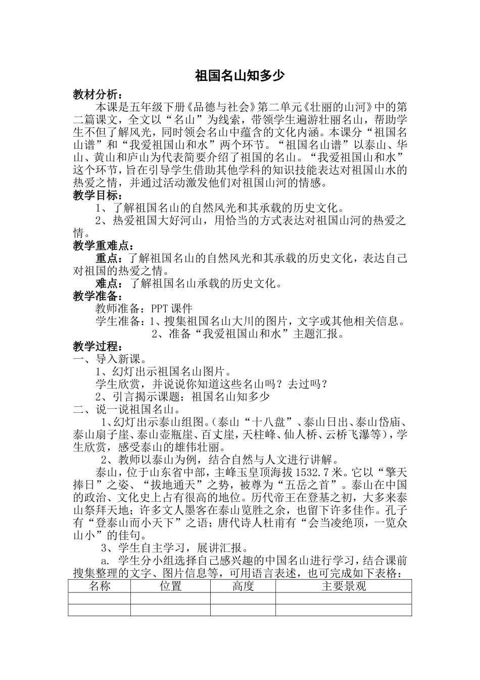 五年级品德下册《祖国名山知多少》教学设计_第1页